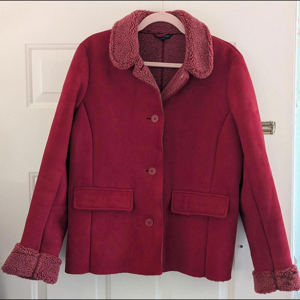 Lands' End Women's Plush Red Jacket with Matching Hat and Gloves Set